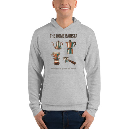 The Home Barista specialty coffee hoodie — Athletic Heather, on model