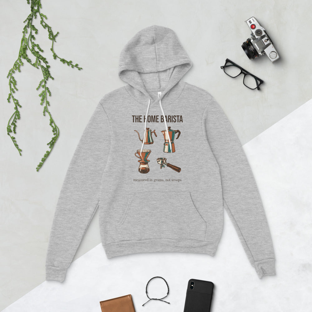 The Home Barista specialty coffee hoodie — Athletic Heather, flat lay