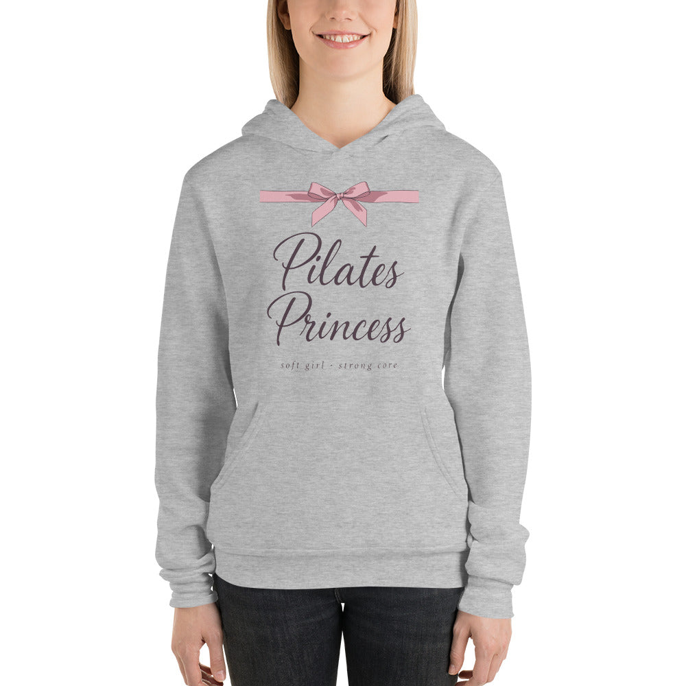 Pilates Princess coquette bow hoodie — Athletic Heather, on model