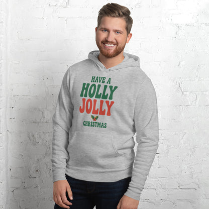 Groovy Holly Jolly retro Christmas hoodie — Athletic Heather, on model