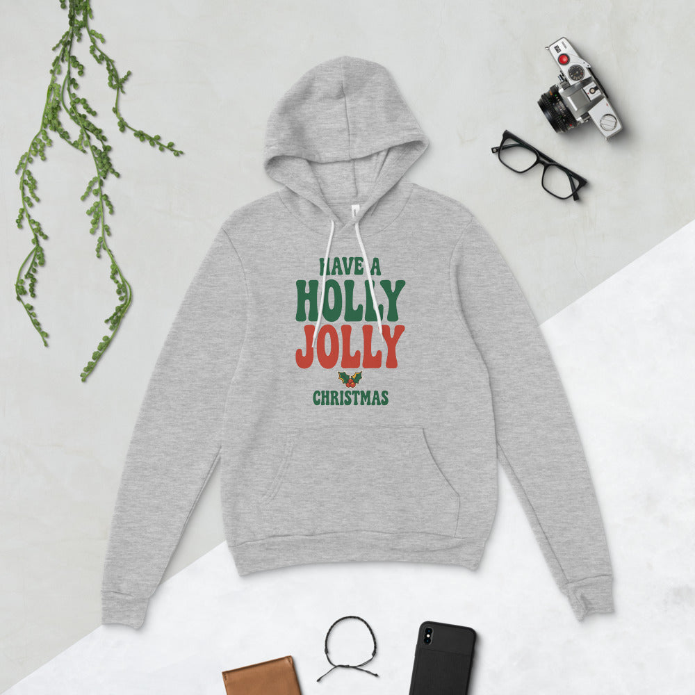 Groovy Holly Jolly retro Christmas hoodie — Athletic Heather, flat lay