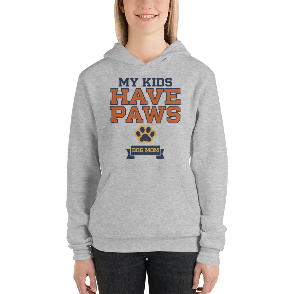 My Kids Have Paws funny dog mom hoodie — Athletic Heather, on model