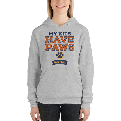 My Kids Have Paws funny dog mom hoodie — Athletic Heather, on model