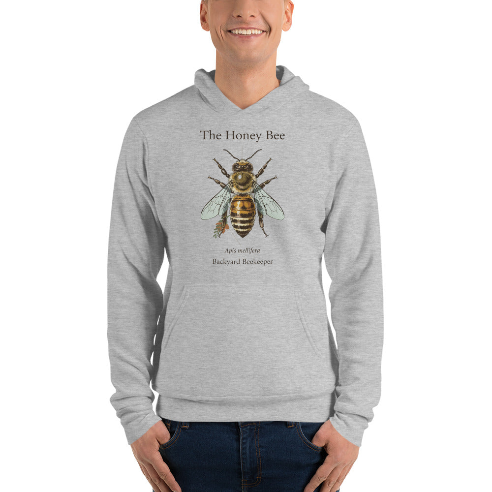 The Honey Bee Apis mellifera anatomical hoodie — Athletic Heather, on model