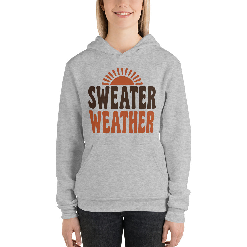 Sweater Weather retro 70s fall hoodie — Athletic Heather, on model