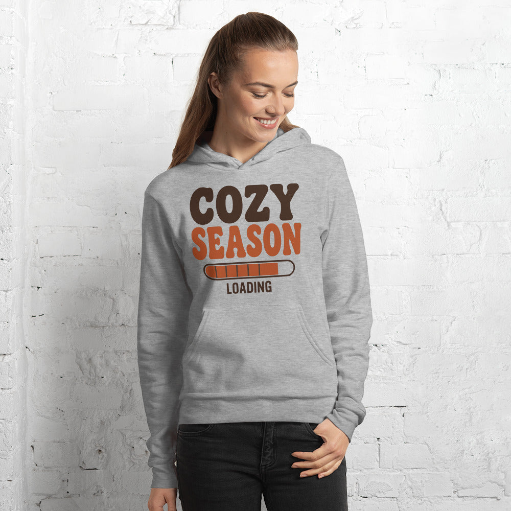 Cozy Season Loading retro 70s fall hoodie — Athletic Heather, on model