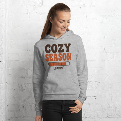 Cozy Season Loading retro 70s fall hoodie — Athletic Heather, on model
