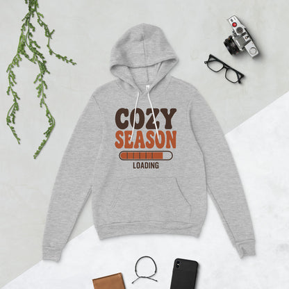 Cozy Season Loading retro 70s fall hoodie — Athletic Heather, flat lay