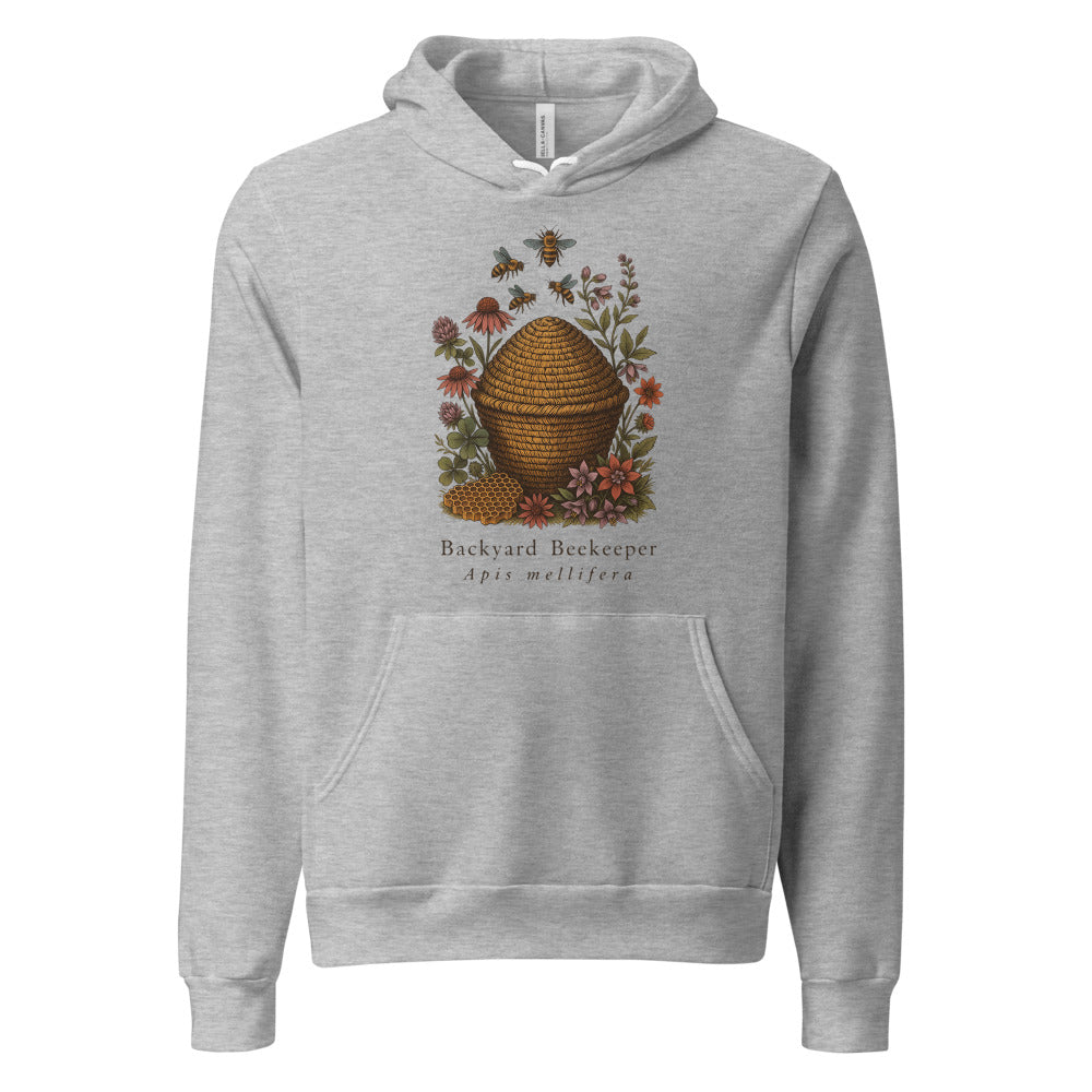 Backyard Beekeeper field-guide bee hoodie — Athletic Heather, front