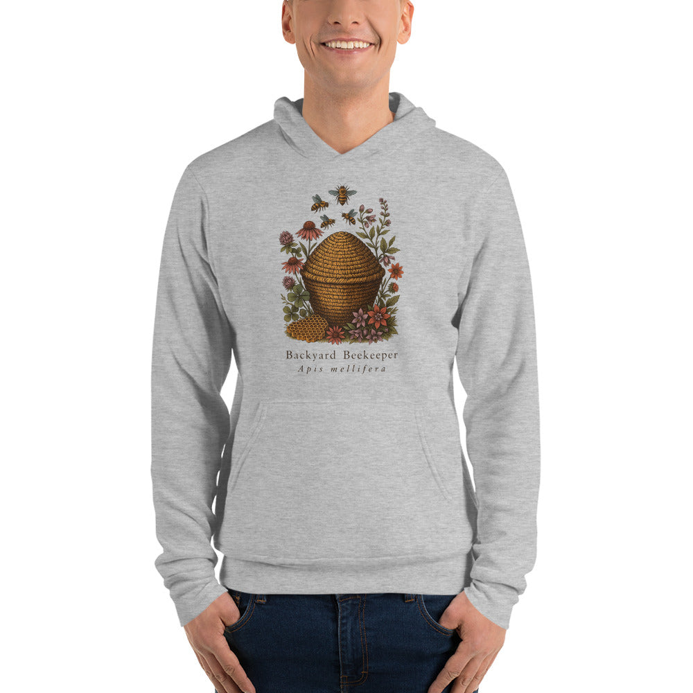 Backyard Beekeeper field-guide bee hoodie — Athletic Heather, on model