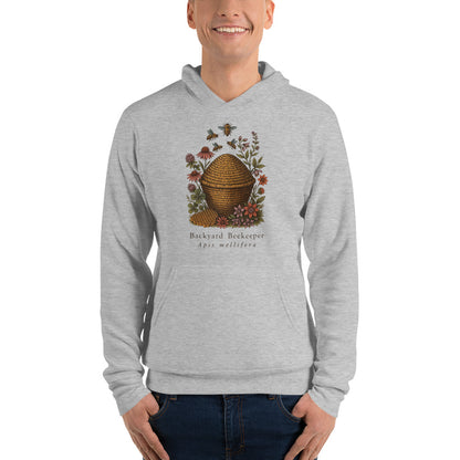 Backyard Beekeeper field-guide bee hoodie — Athletic Heather, on model