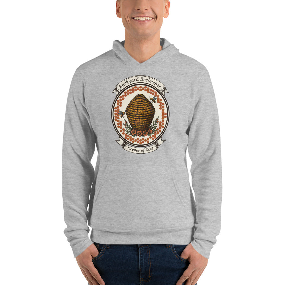 Backyard Beekeeper Keeper of Bees vintage apiary crest hoodie — Athletic Heather, on model