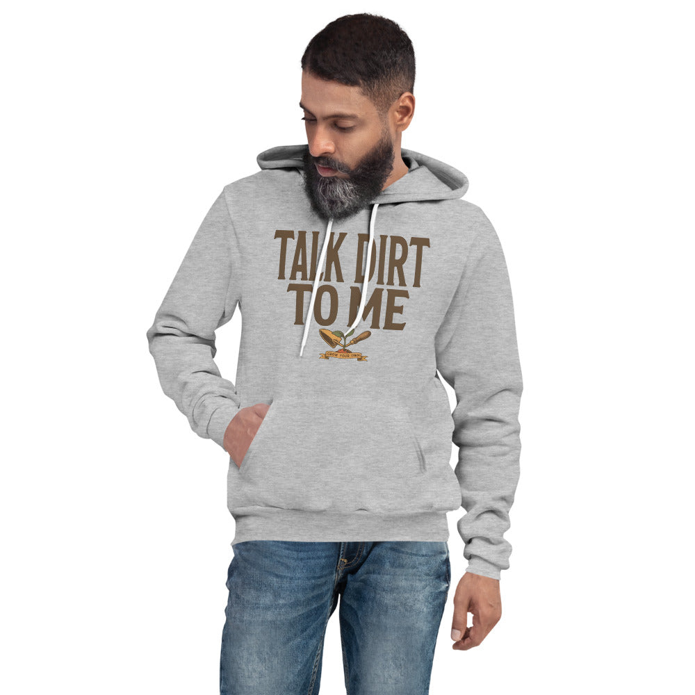 Talk Dirt To Me funny gardening hoodie — Athletic Heather, on model