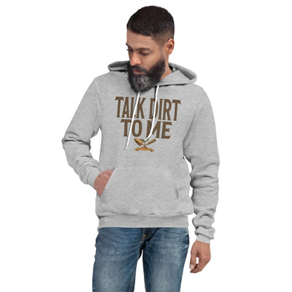 Talk Dirt To Me funny gardening hoodie — Athletic Heather, on model