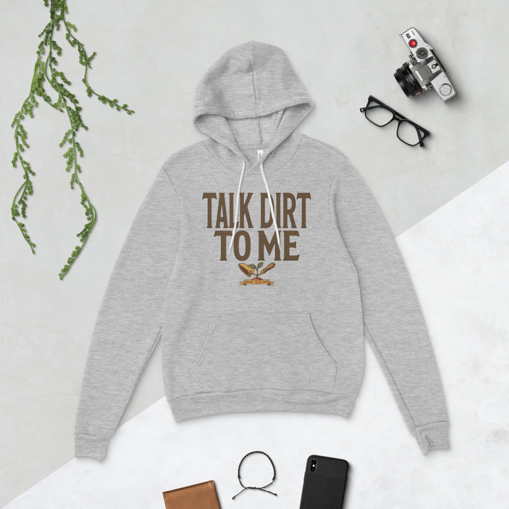 Talk Dirt To Me funny gardening hoodie — Athletic Heather, flat lay