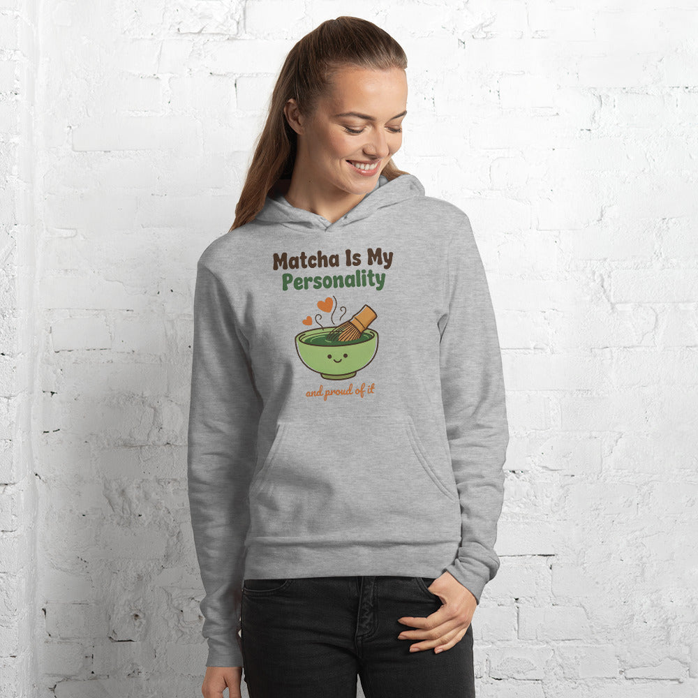 Matcha Is My Personality retro matcha hoodie — Athletic Heather, on model