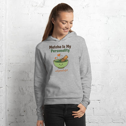 Matcha Is My Personality retro matcha hoodie — Athletic Heather, on model