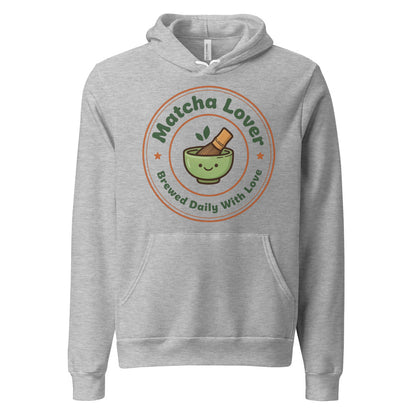Matcha Lover retro café badge hoodie — Athletic Heather, front