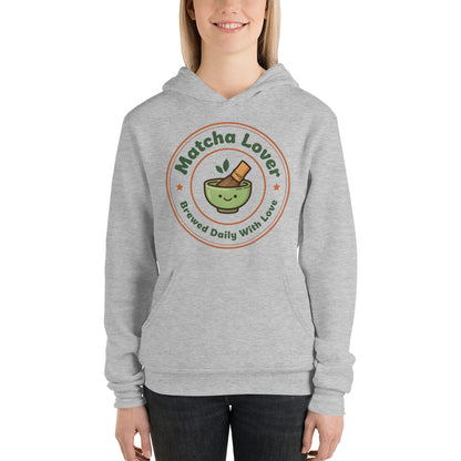 Matcha Lover retro café badge hoodie — Athletic Heather, on model