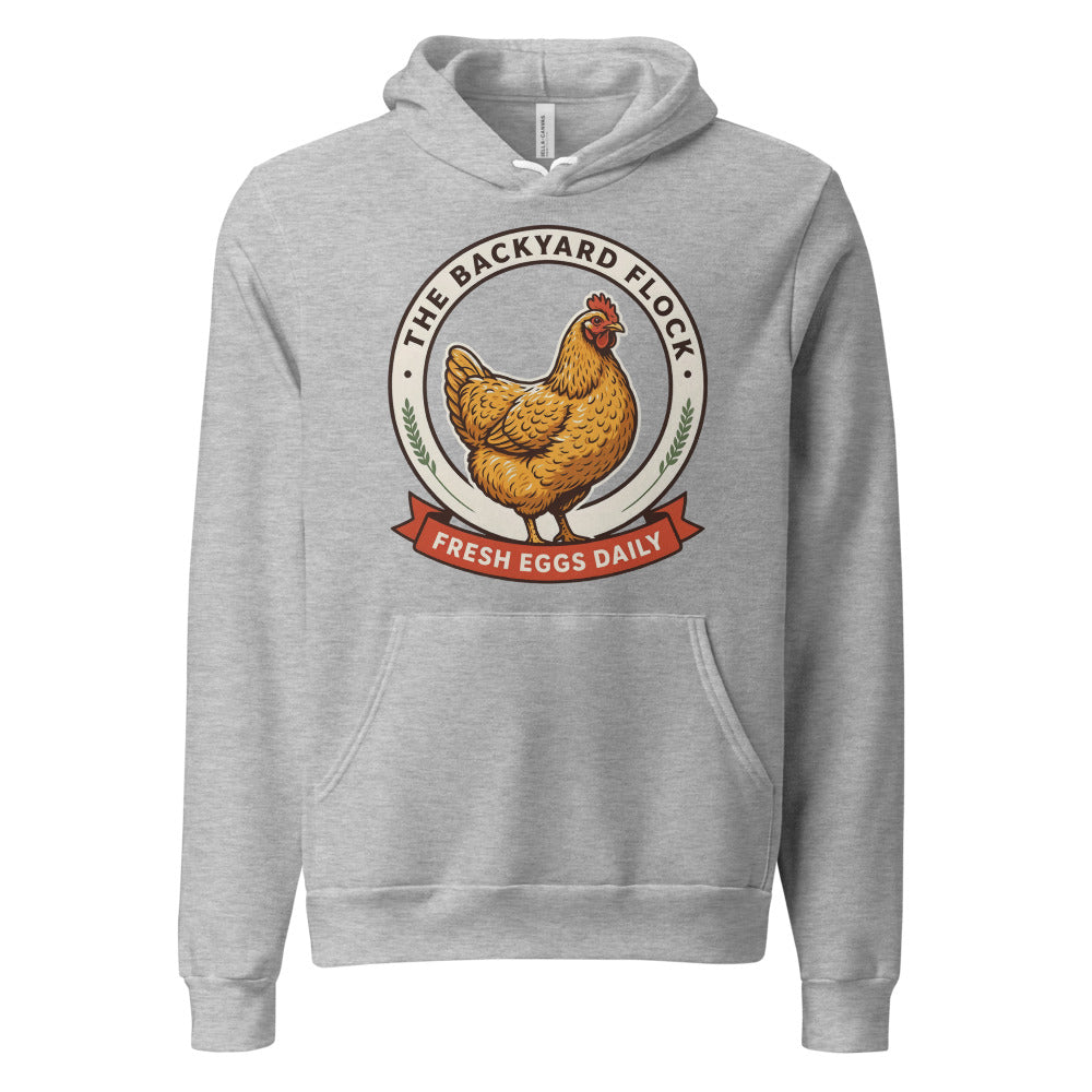 Backyard Flock heritage chicken keeper hoodie — Athletic Heather, front
