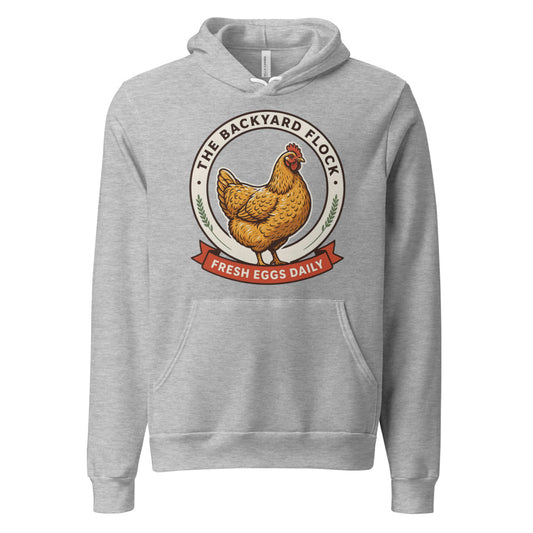 Backyard Flock heritage chicken keeper hoodie — Athletic Heather, front