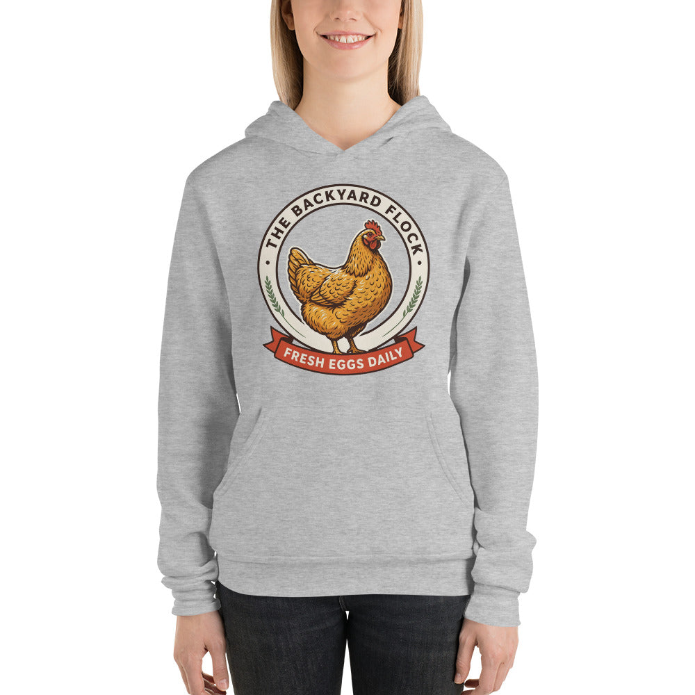 Backyard Flock heritage chicken keeper hoodie — Athletic Heather, on model