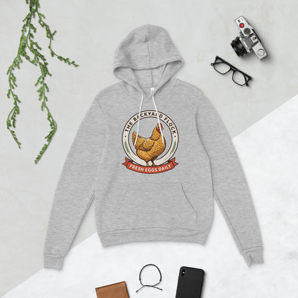 Backyard Flock heritage chicken keeper hoodie — Athletic Heather, flat lay