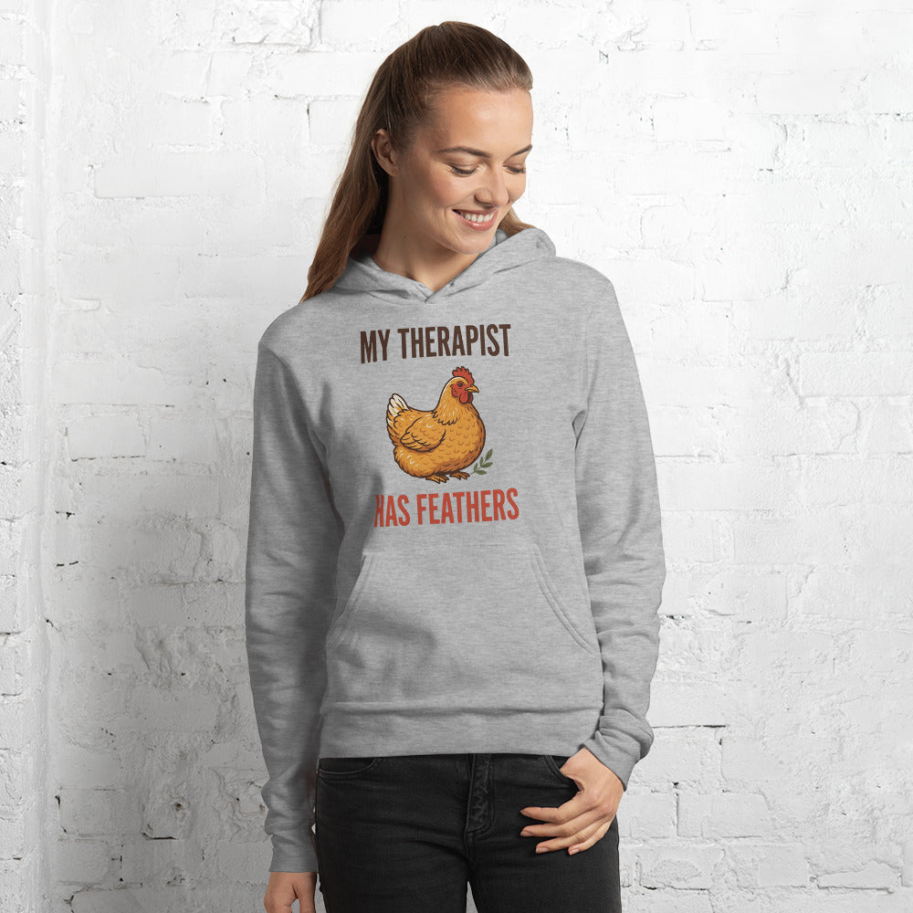 My Therapist Has Feathers funny chicken keeper hoodie — Athletic Heather, on model