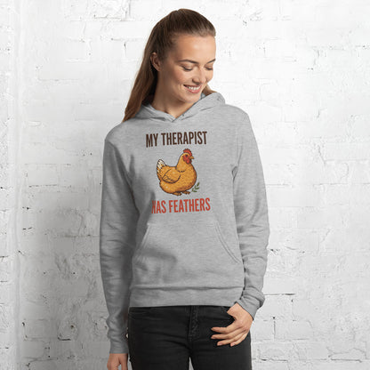 My Therapist Has Feathers funny chicken keeper hoodie — Athletic Heather, on model
