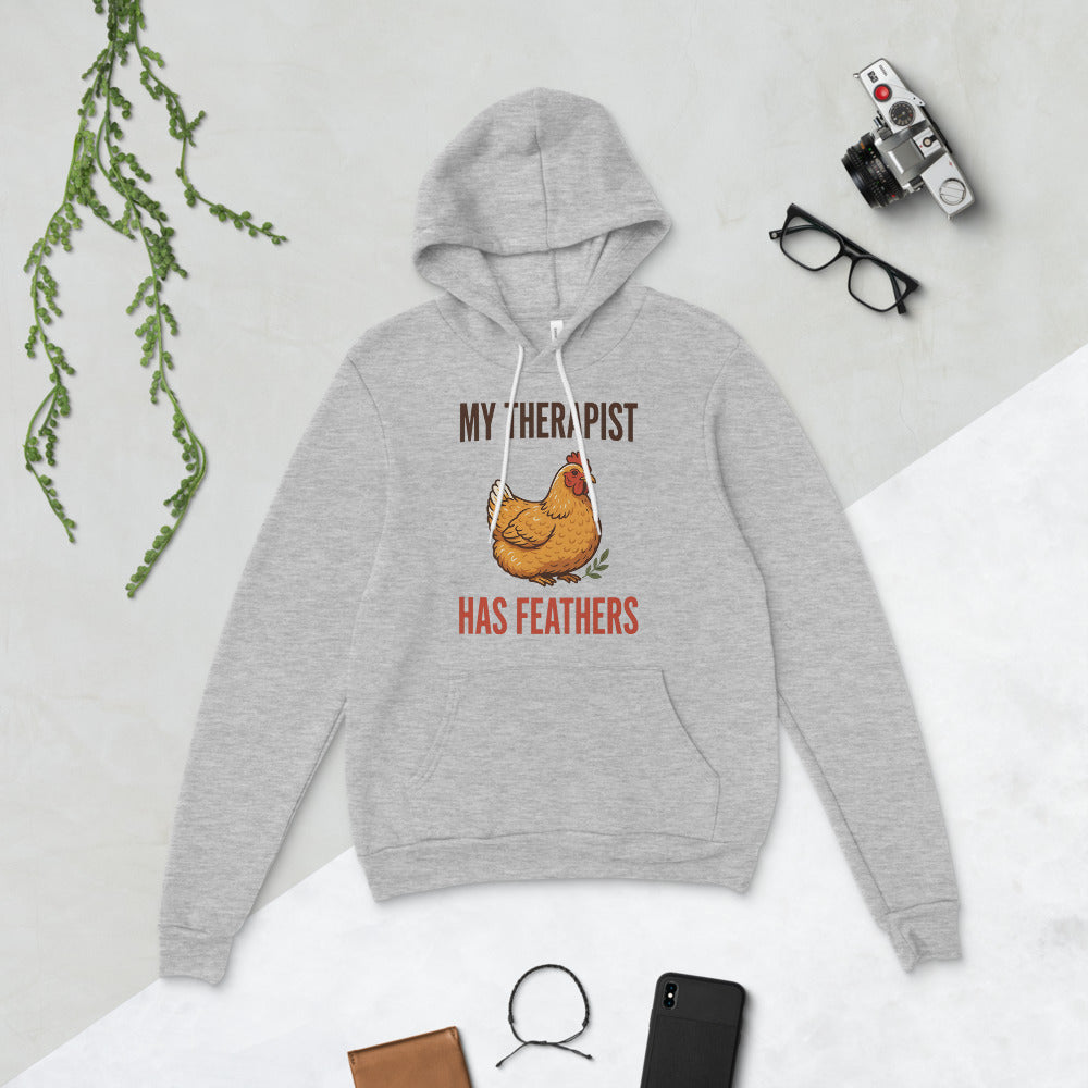 My Therapist Has Feathers funny chicken keeper hoodie — Athletic Heather, flat lay