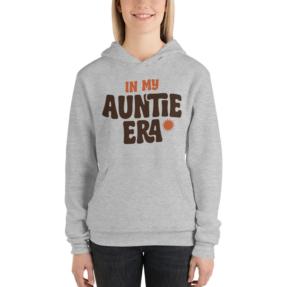 In My Auntie Era retro groovy aunt hoodie — Athletic Heather, on model