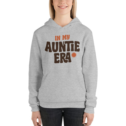 In My Auntie Era retro groovy aunt hoodie — Athletic Heather, on model