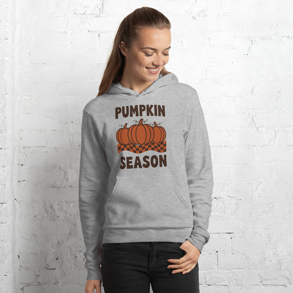 Pumpkin Season retro 70s fall hoodie — Athletic Heather, on model