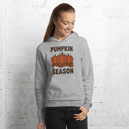 Pumpkin Season retro 70s fall hoodie — Athletic Heather, on model