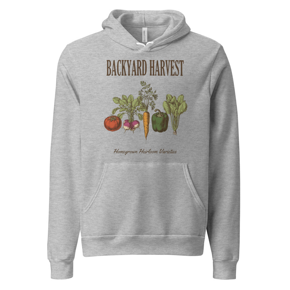 Backyard Harvest heirloom vegetable gardening hoodie — Athletic Heather, front