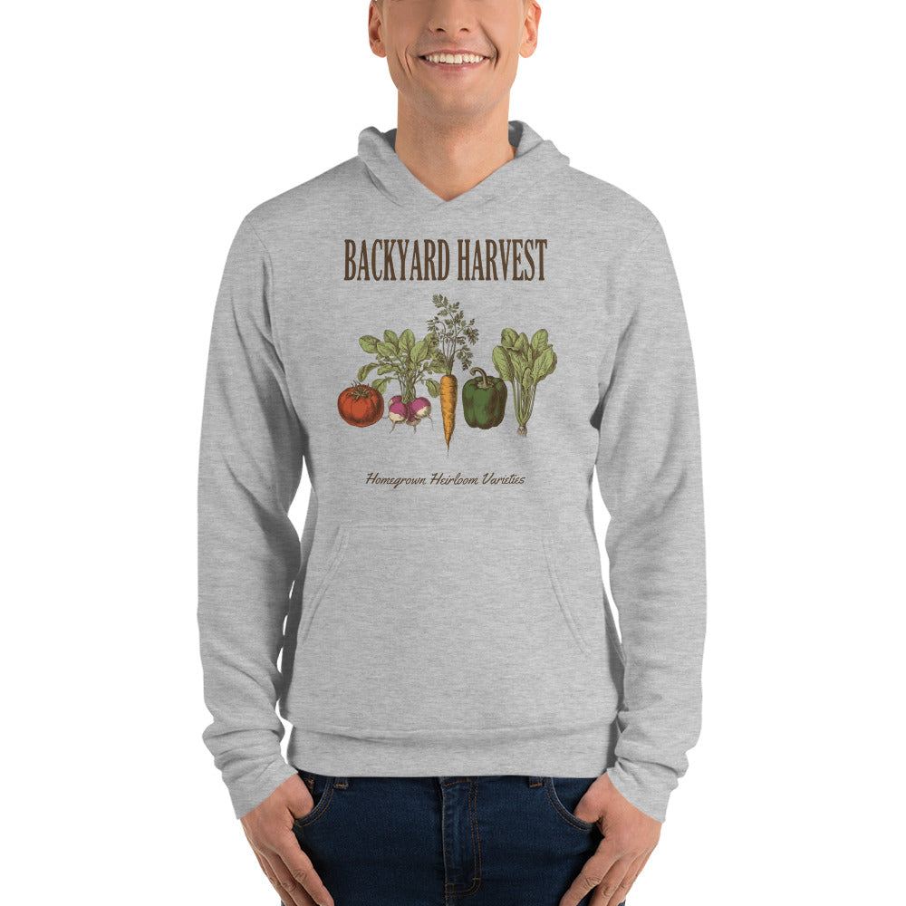 Backyard Harvest heirloom vegetable gardening hoodie — Athletic Heather, on model