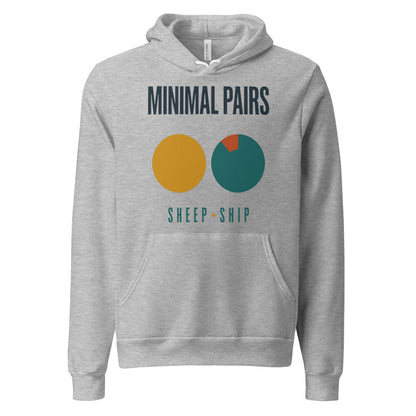 Minimal Pairs speech therapy hoodie — Athletic Heather, front