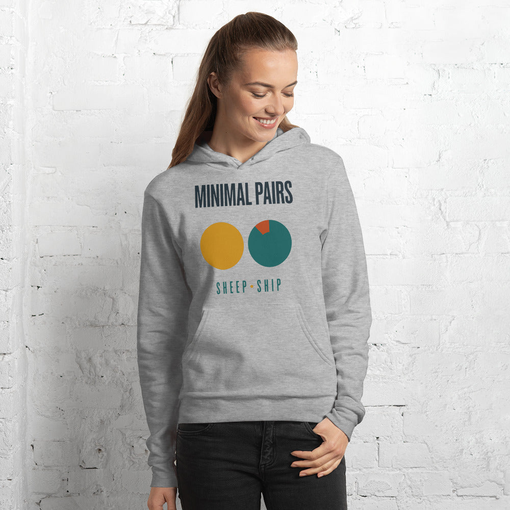 Minimal Pairs speech therapy hoodie — Athletic Heather, on model