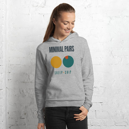 Minimal Pairs speech therapy hoodie — Athletic Heather, on model