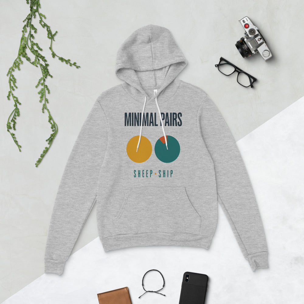 Minimal Pairs speech therapy hoodie — Athletic Heather, flat lay