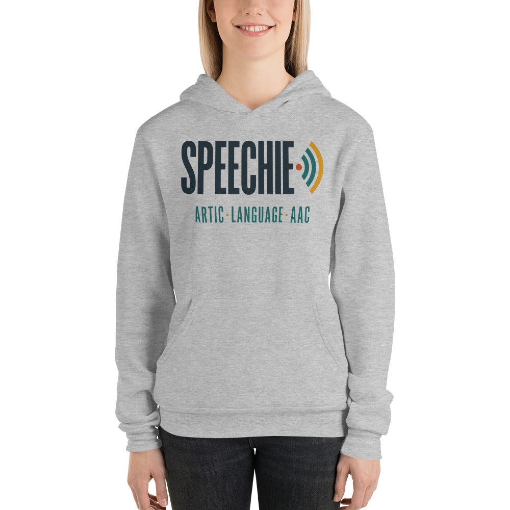 Speechie Wordmark speech therapy hoodie — Athletic Heather, on model