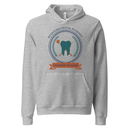 Licensed to Scale registered dental hygienist hoodie — Athletic Heather, front