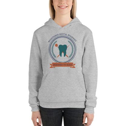Licensed to Scale registered dental hygienist hoodie — Athletic Heather, on model
