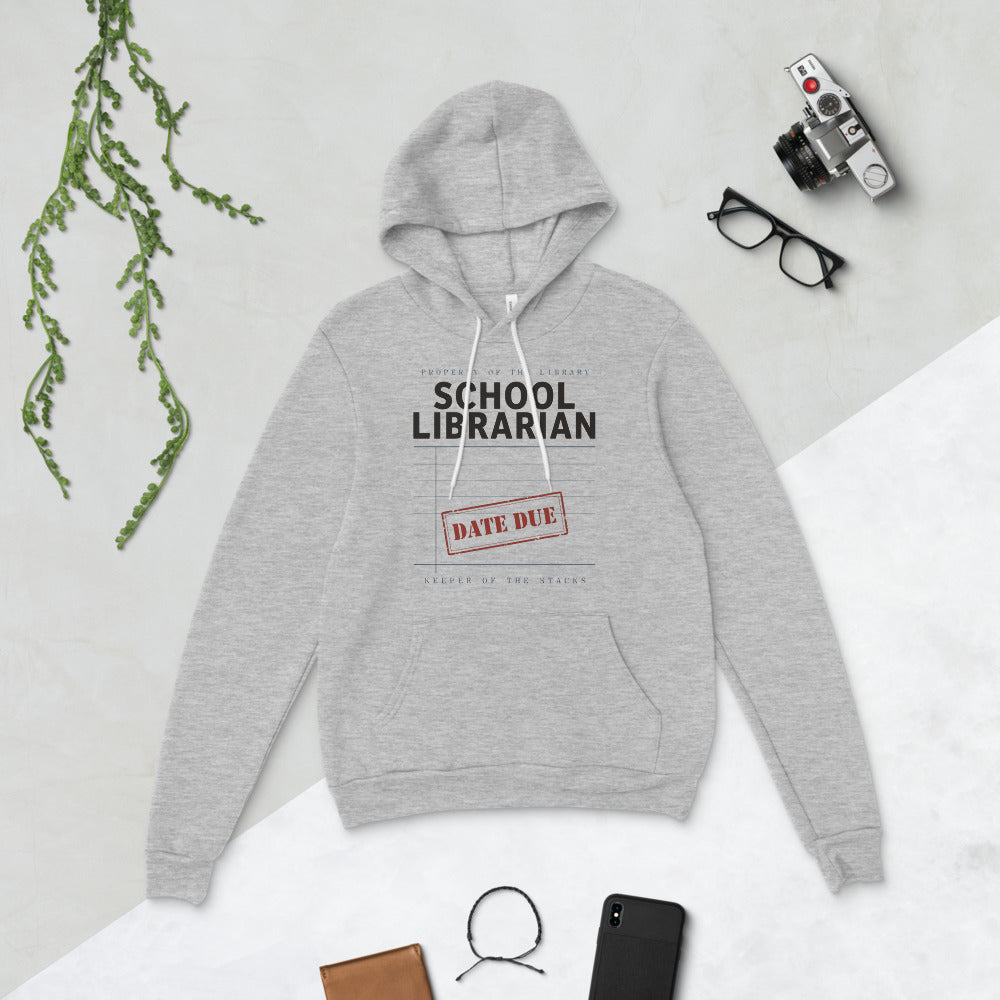 Property of the School Library card catalog school librarian hoodie — Athletic Heather, flat lay