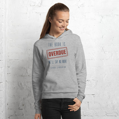 The Book Is Overdue funny school librarian hoodie — Athletic Heather, on model