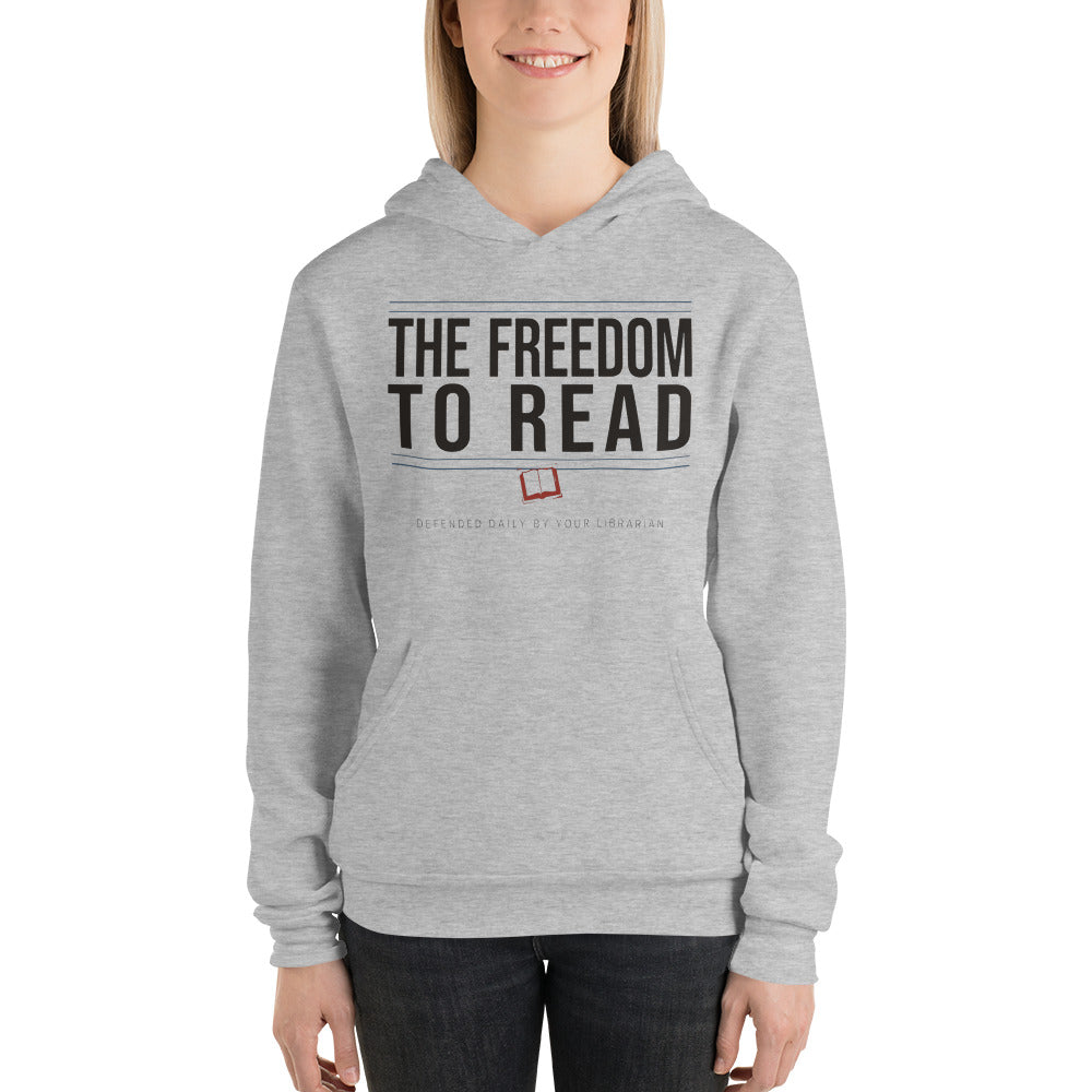 The Freedom to Read school librarian hoodie — Athletic Heather, on model