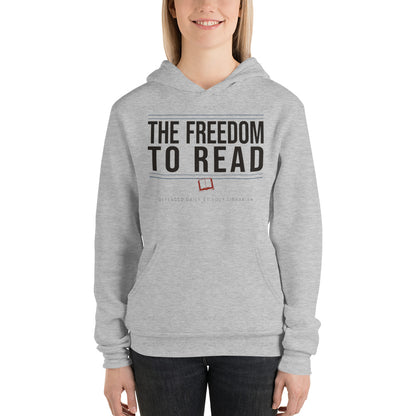 The Freedom to Read school librarian hoodie — Athletic Heather, on model