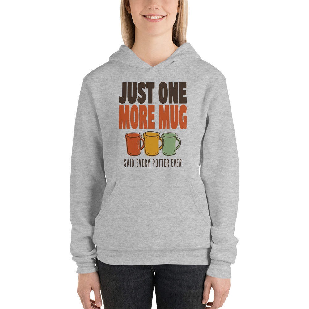 Just One More Mug funny pottery hoodie — Athletic Heather, on model