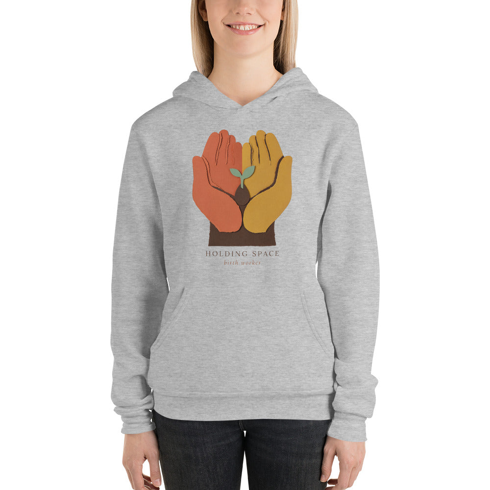 Holding Space birth worker doula hoodie — Athletic Heather, on model
