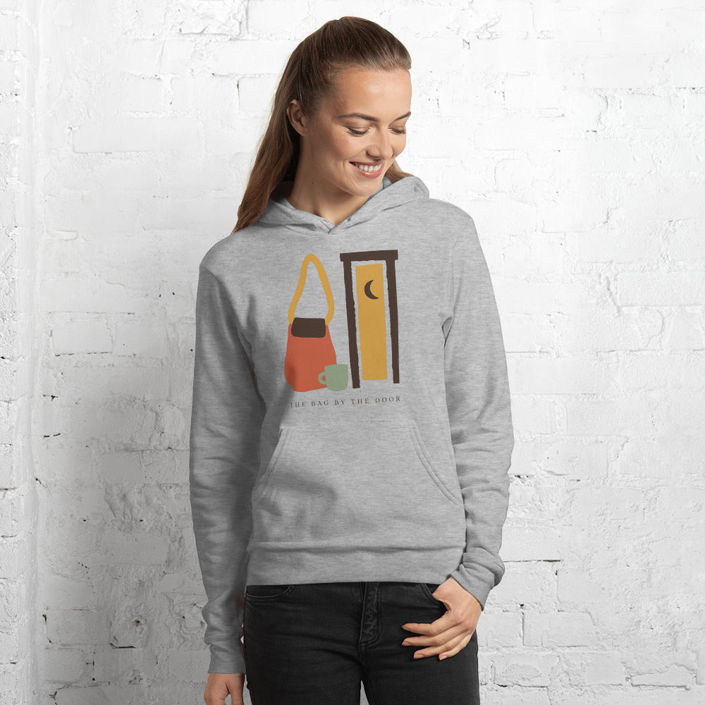 The Bag By The Door doula hoodie — Athletic Heather, on model